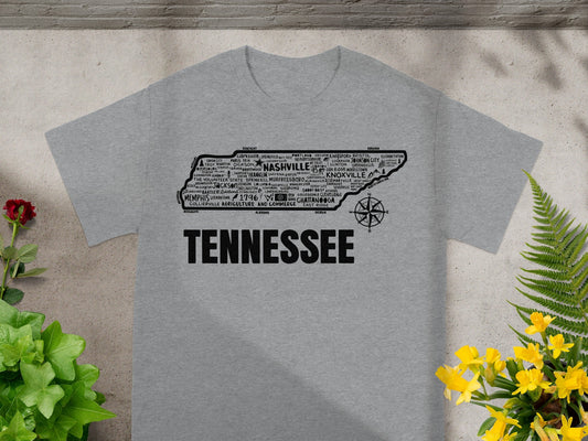 Tennessee Cities Map Graphic T-Shirt with Compass Design