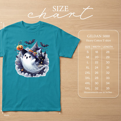 Teal t-shirt with ghost, bats, and castle Halloween graphic, with size chart.
