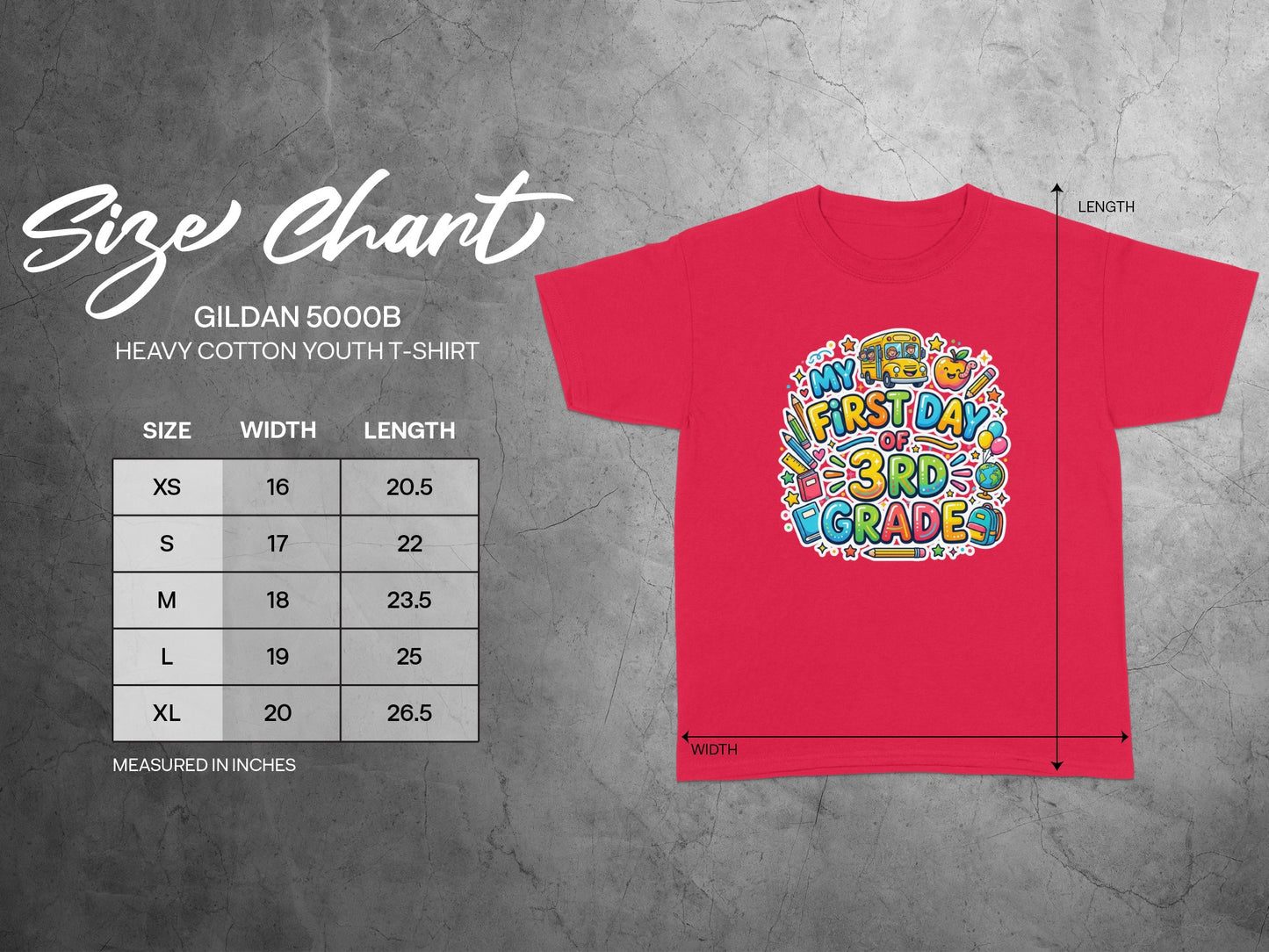 Gildan 5000B youth t-shirt size chart with width and length measurements in inches.