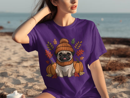 Cute Pug with Pumpkins and Autumn Leaves Print Shirt