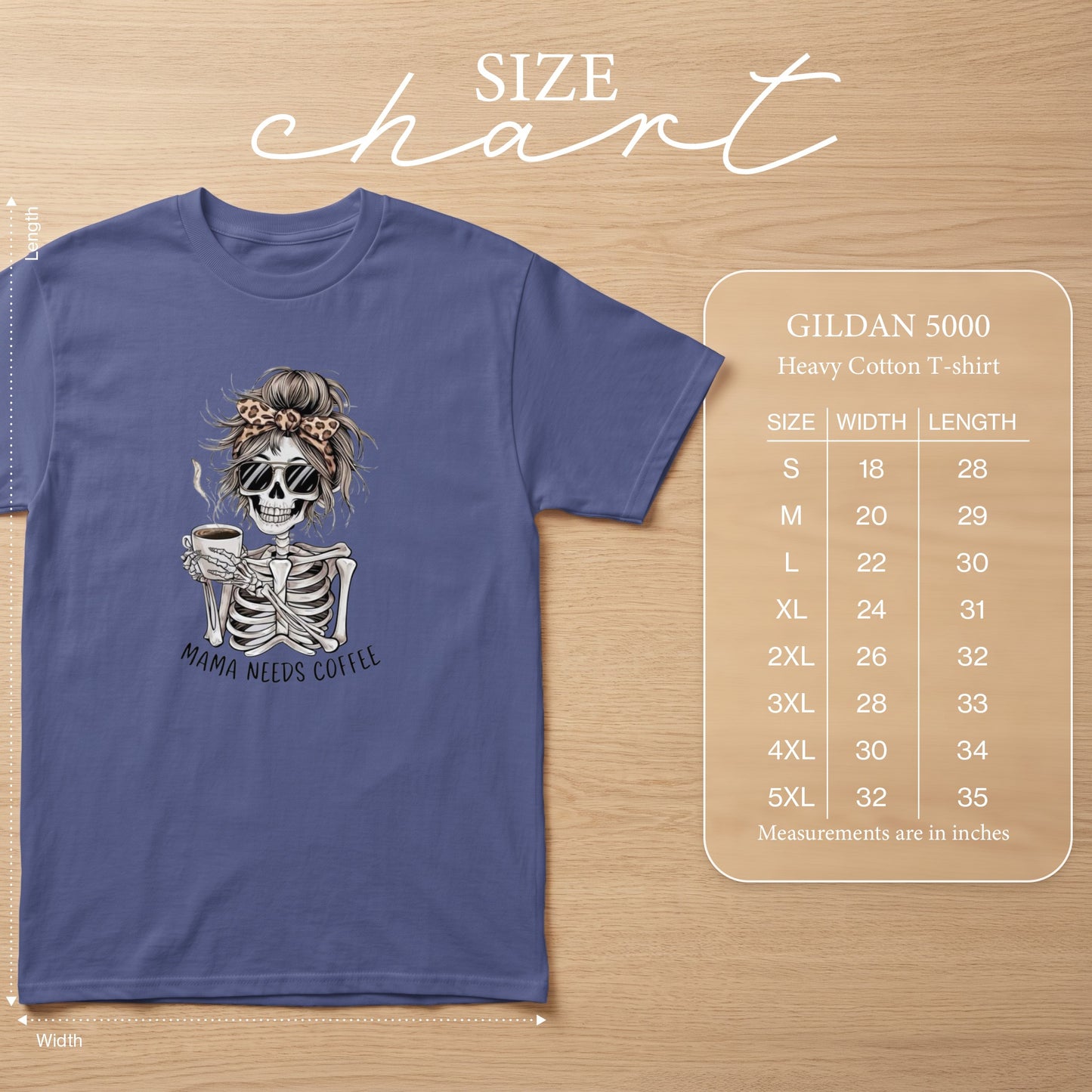 Gildan 5000 heavy cotton t-shirt size chart with measurements in inches.