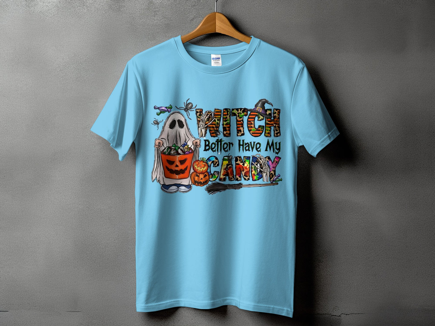 Light blue t-shirt with "Witch Better Have My Candy" Halloween graphic.