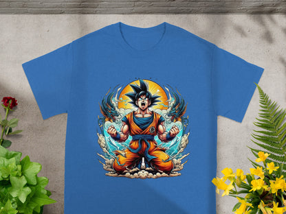 Goku in Super Saiyan form with dragons and clouds on a blue t-shirt.