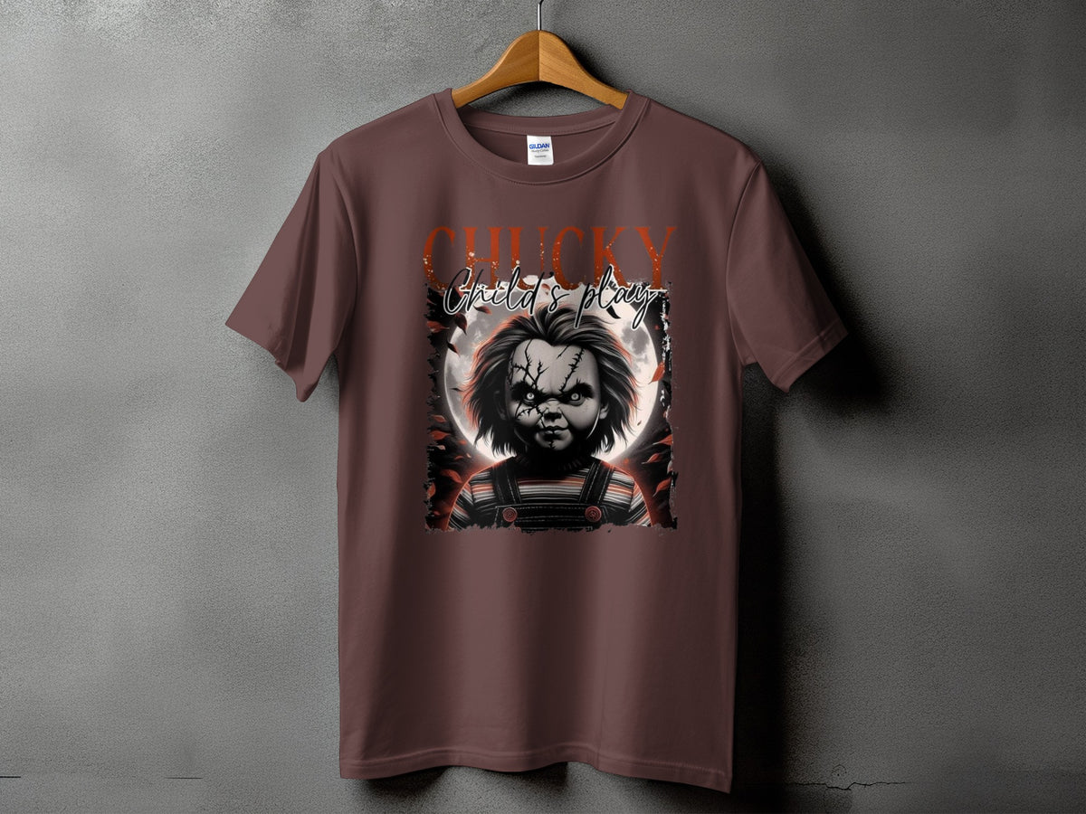 Chucky Child's Play graphic tee with full moon and spooky doll illustration.