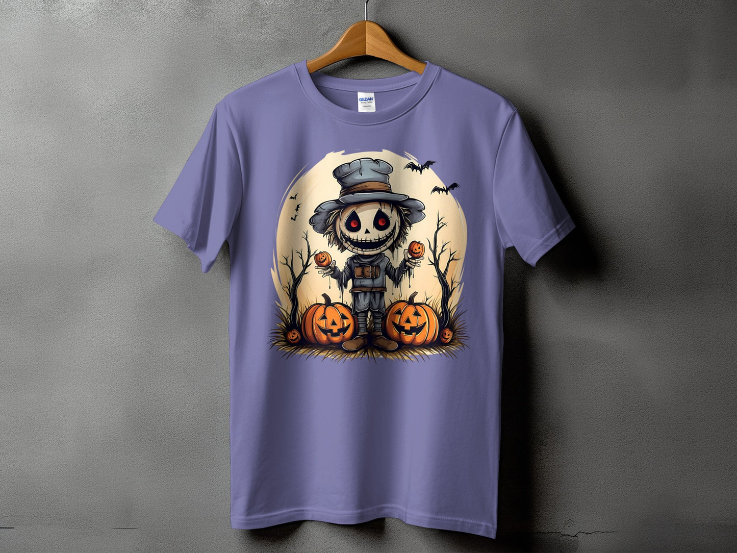 Purple t-shirt with Halloween scarecrow design, pumpkins, bats, and full moon.