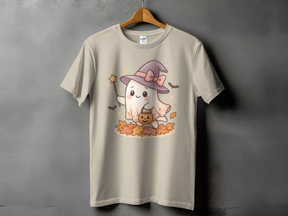 Ghost with witch hat holding pumpkin bucket and star wand on autumn leaves.