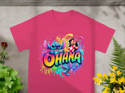 Pink t-shirt with Stitch characters and "Ohana" text in bright colors.