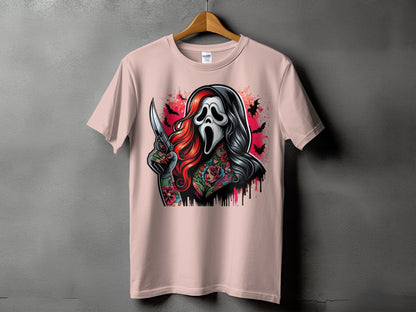 Ghostface mask figure with knife, tattoos, and bats on a pink t-shirt.