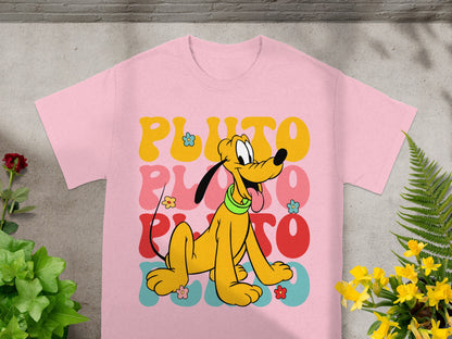 Pink t-shirt with Pluto and colorful "PLUTO" text.