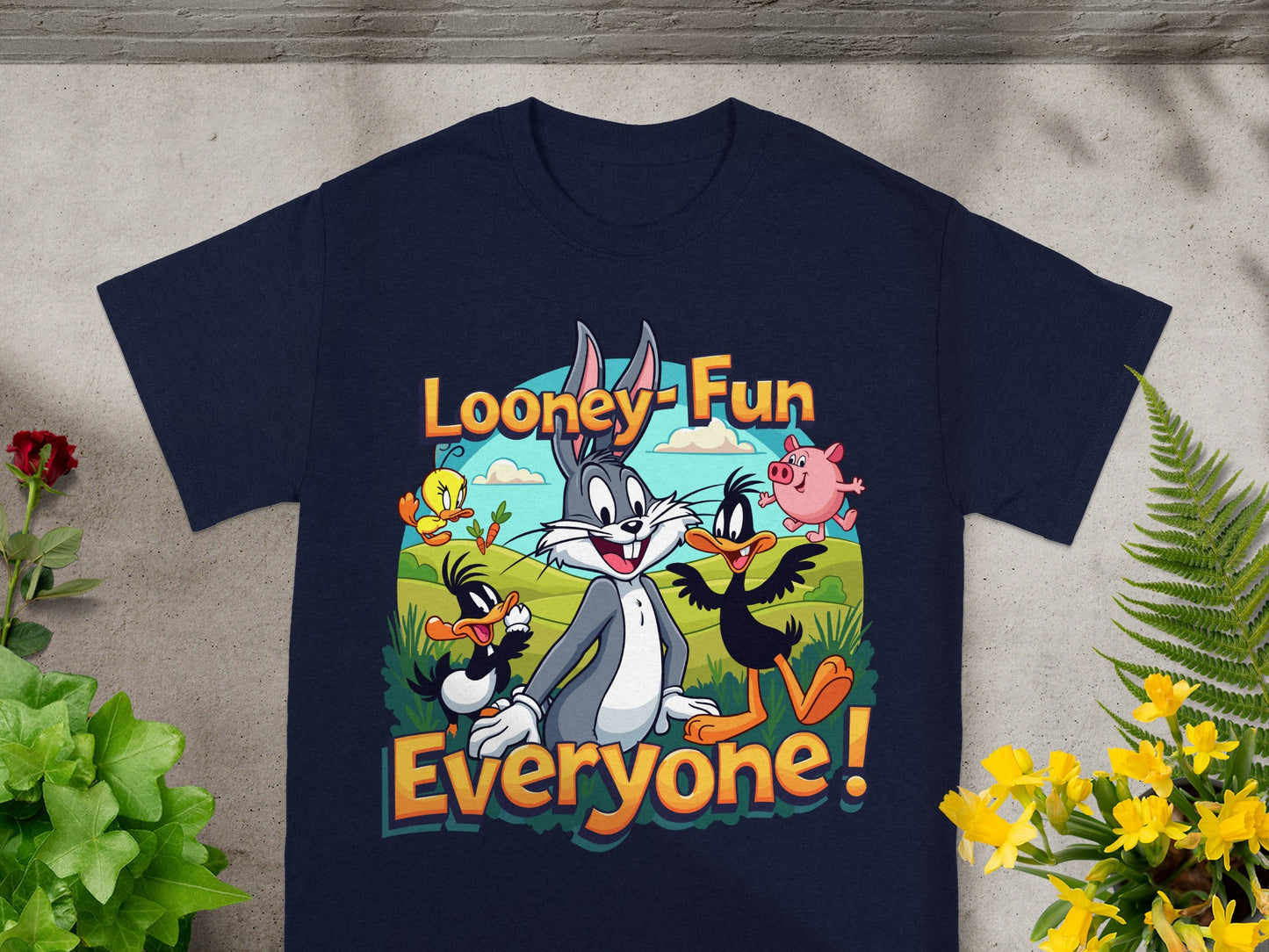 Looney Fun Everyone! Bugs Bunny, Daffy Duck, and Tweety Bird graphic tee.