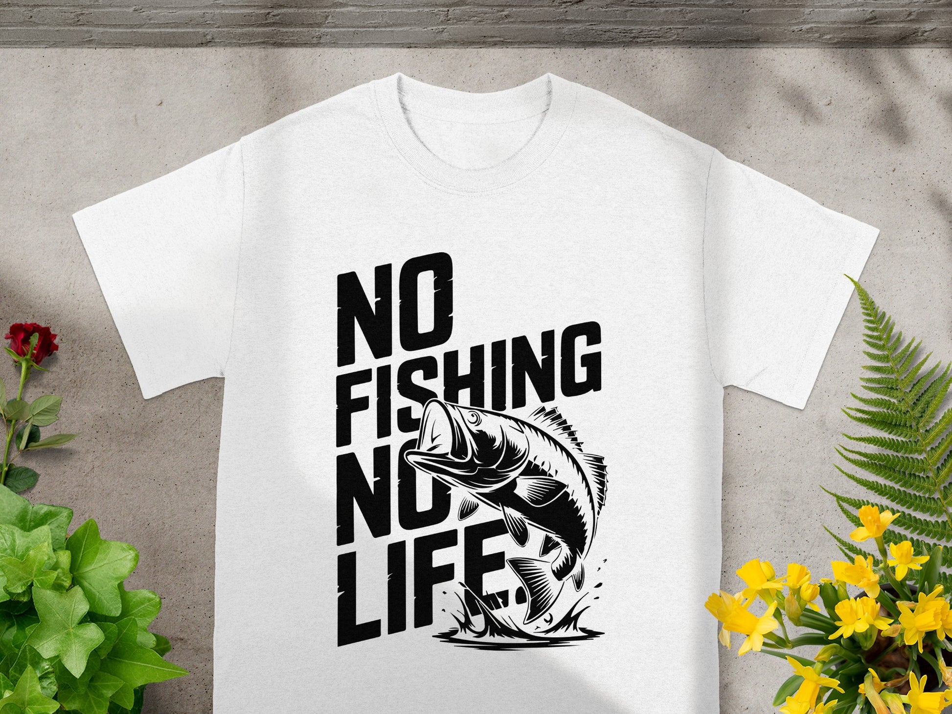 White t-shirt with black text "NO FISHING NO LIFE" and a jumping fish graphic.