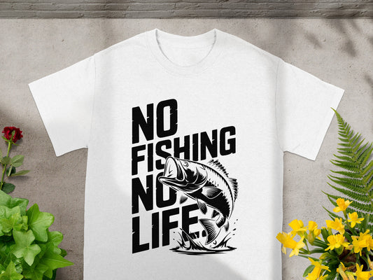 White t-shirt with black text "NO FISHING NO LIFE" and a jumping fish graphic.