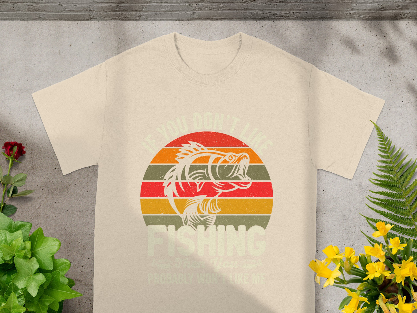T-shirt with vintage style graphic of a jumping fish "If you don't like fishing, you probably won't like me."