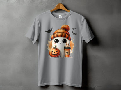 Ghost with pumpkin and coffee, wearing a beanie, with bats.