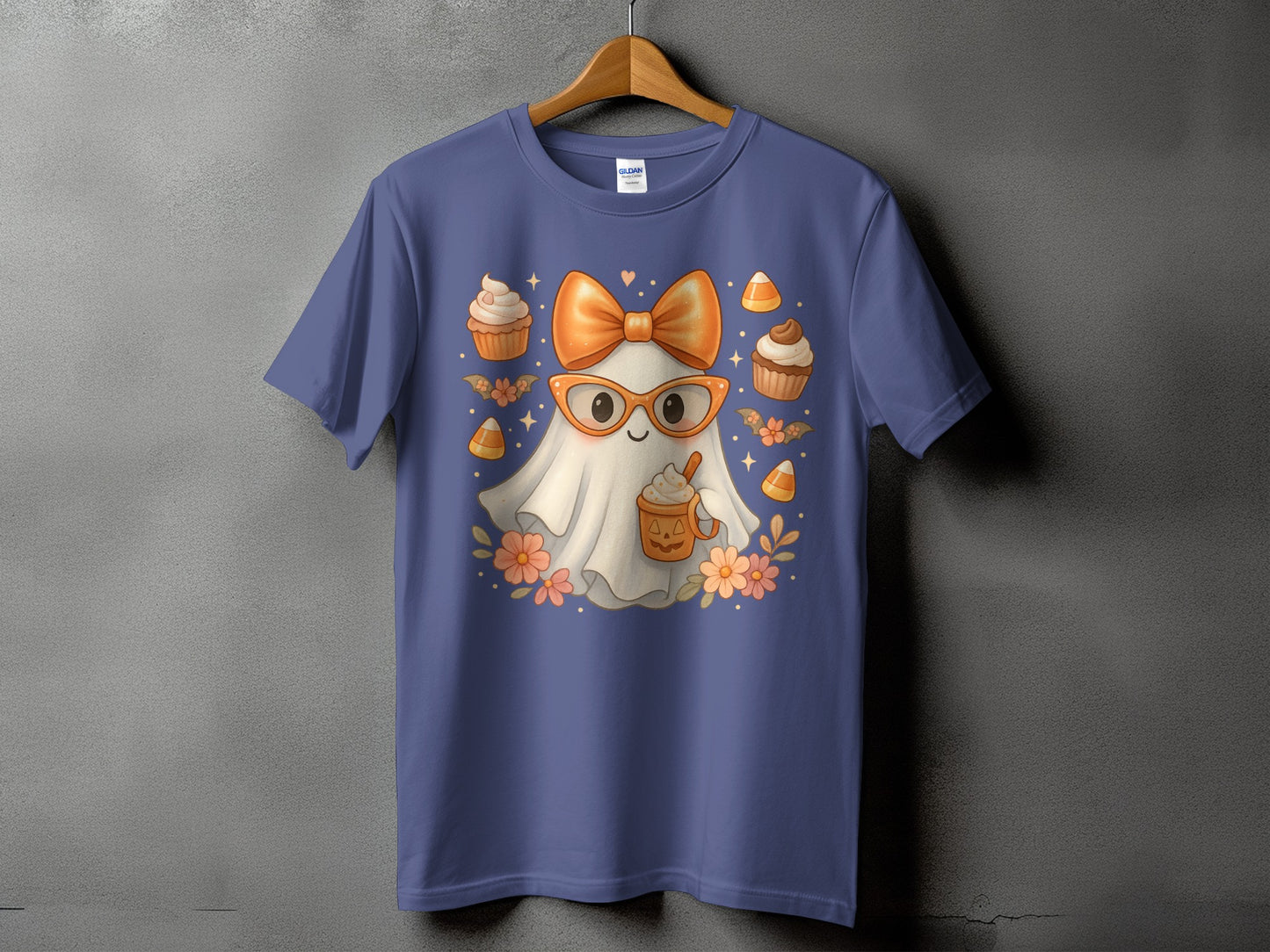 Cute ghost with bow and glasses holding pumpkin latte on purple t-shirt.