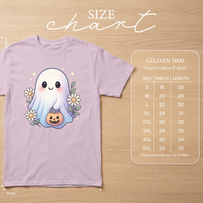 Lilac t-shirt with ghost graphic and Gildan 5000 size chart.