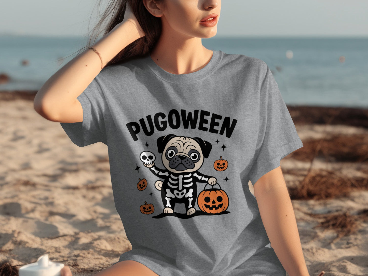 Pugoween Skeleton Pug Halloween Graphic Tee Shirt