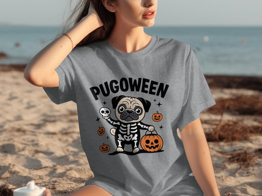 Pugoween Skeleton Pug Halloween Graphic Tee Shirt