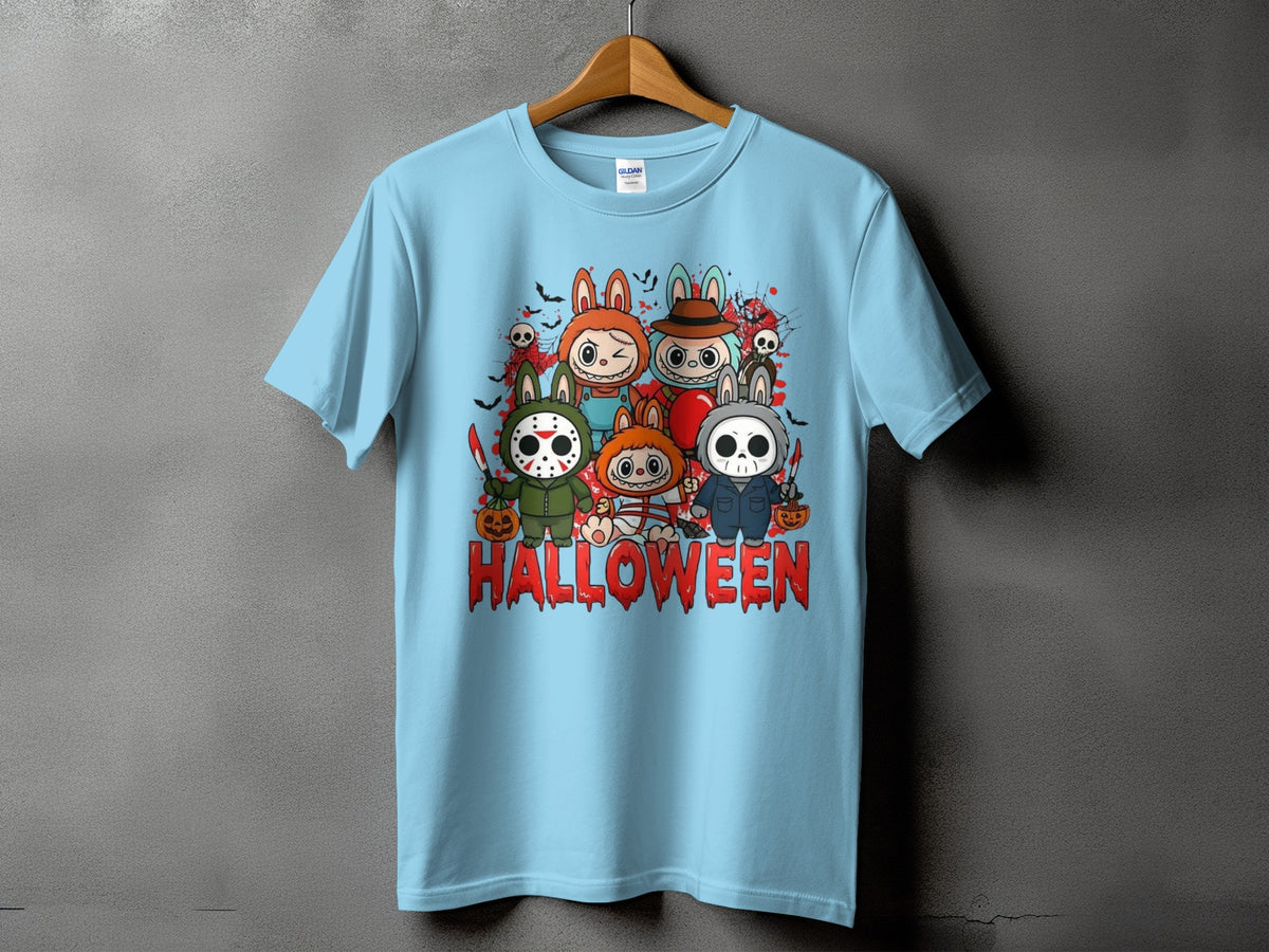 Light blue t-shirt with cartoon horror characters and "Halloween" text.