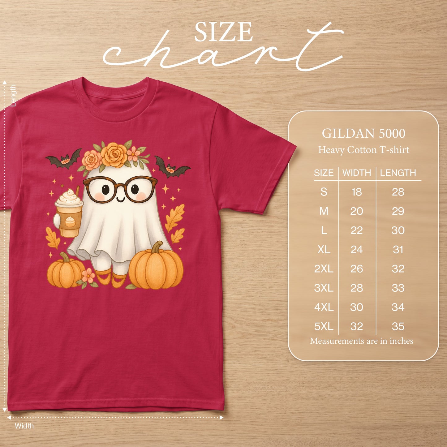 Gildan 5000 Heavy Cotton T-shirt with cute ghost graphic and size chart.