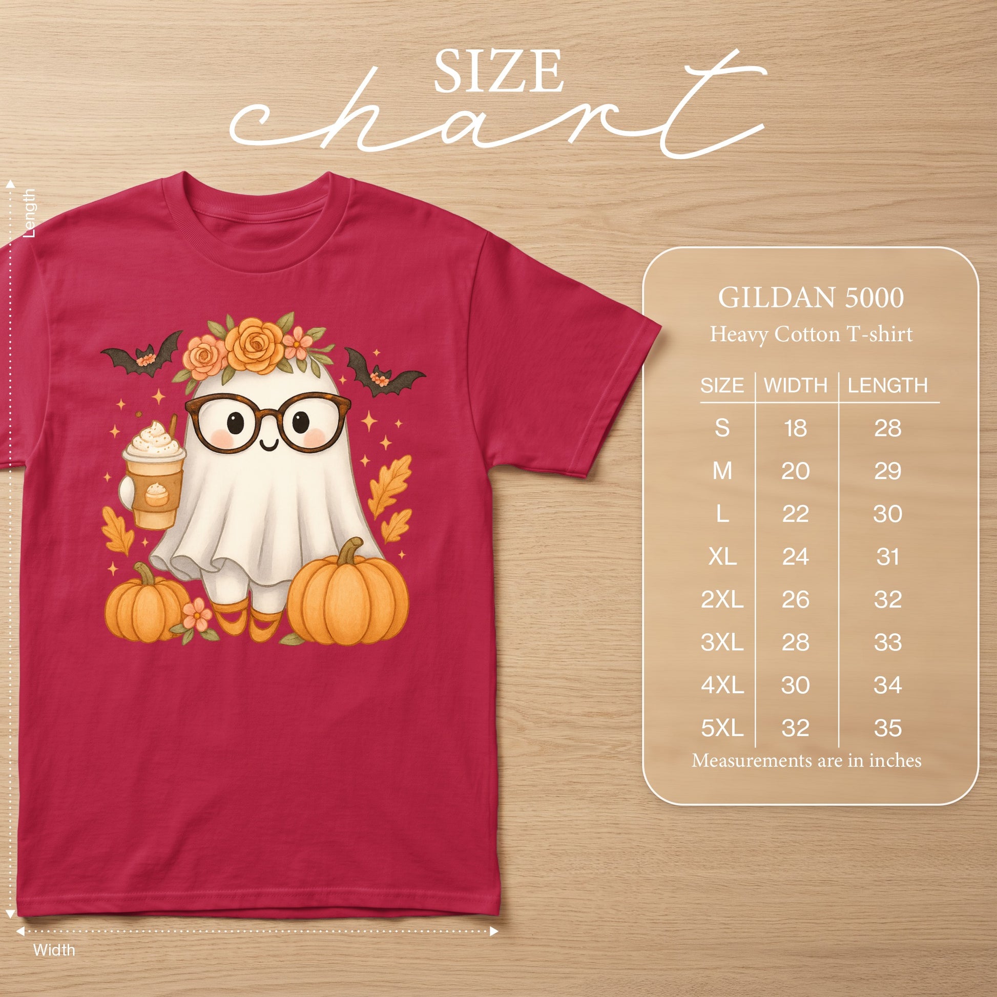 Gildan 5000 Heavy Cotton T-shirt with cute ghost graphic and size chart.