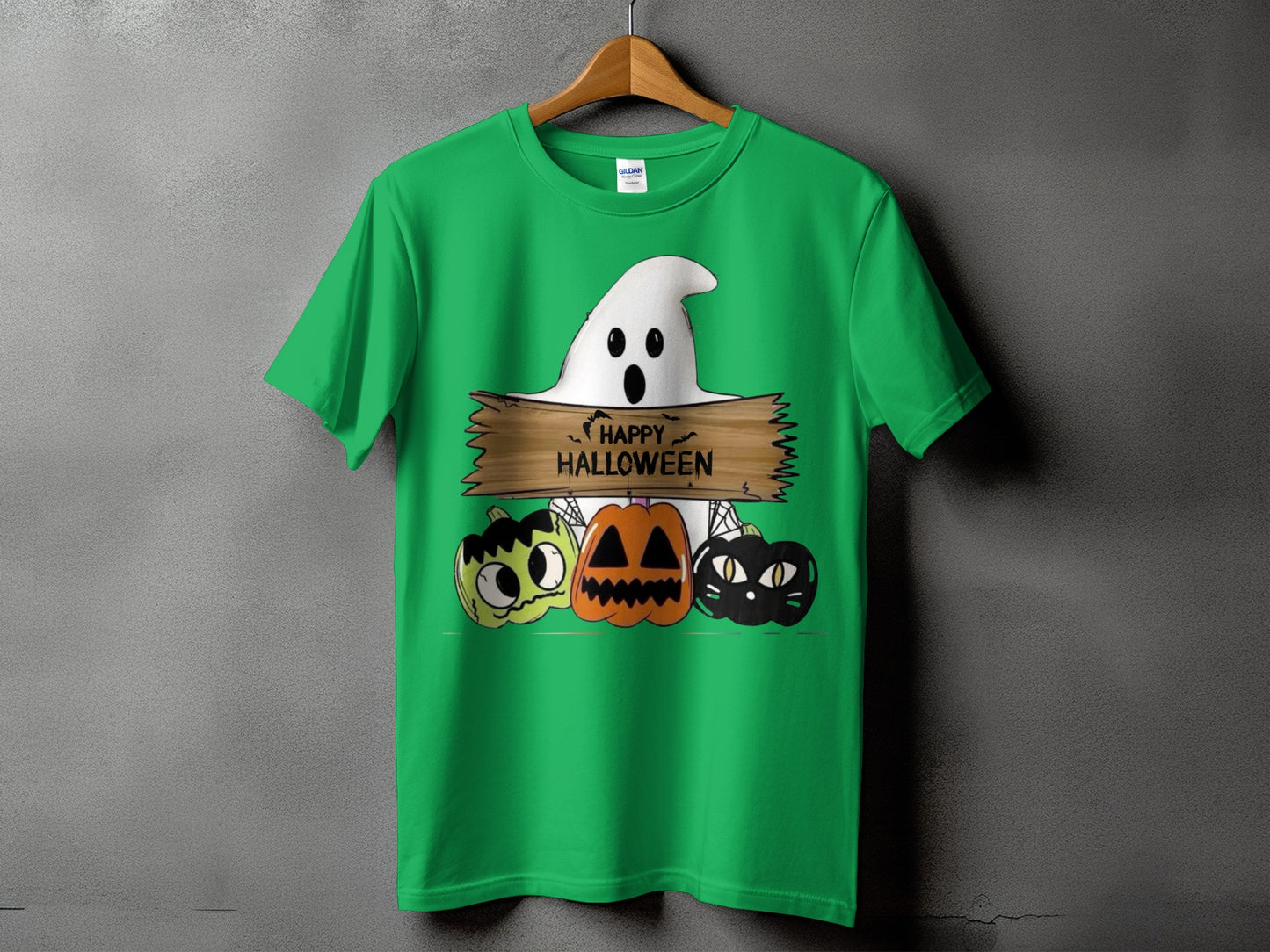 Green t-shirt with a cartoon ghost, pumpkins, and "Happy Halloween" text.