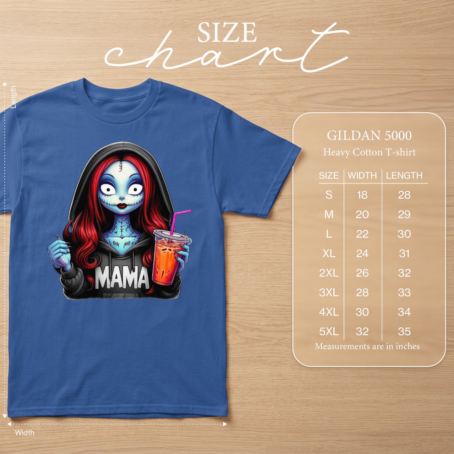 Blue t-shirt featuring a stylized character with "MAMA" printed on hoodie. Includes Gildan 5000 size chart.
