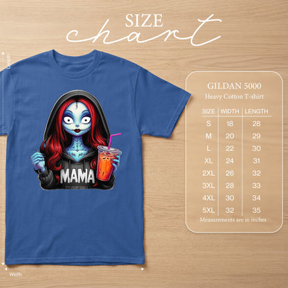 Blue t-shirt featuring a stylized character with "MAMA" printed on hoodie. Includes Gildan 5000 size chart.