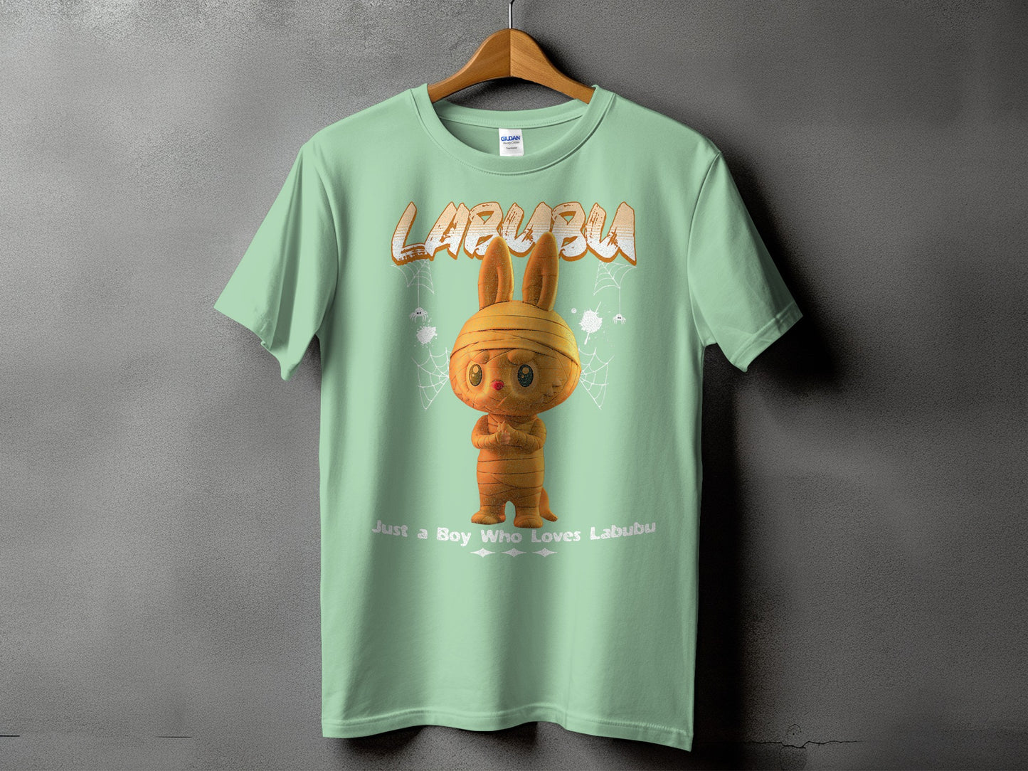 Light green t-shirt with Labubu mummy character and text "Just a Boy Who Loves Labubu".
