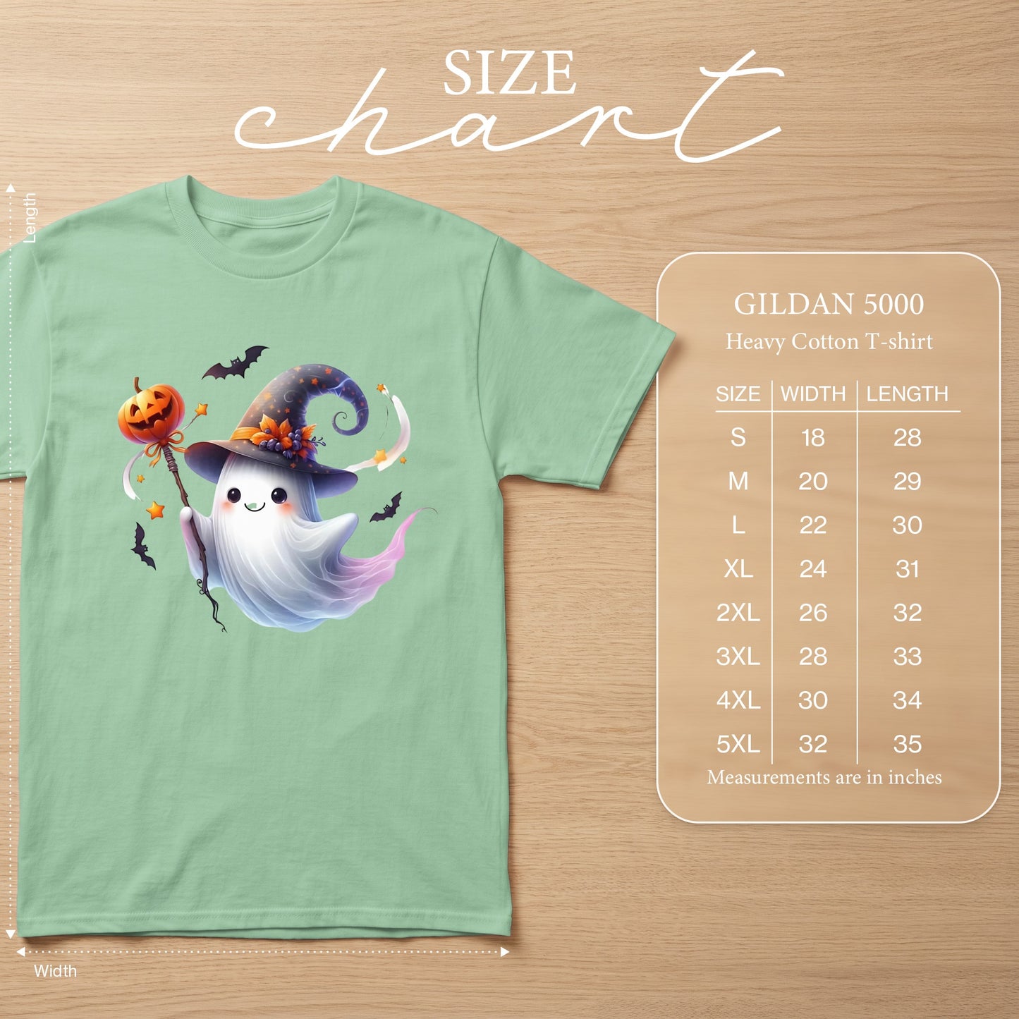 Gildan 5000 Heavy Cotton T-shirt size chart with measurements in inches.