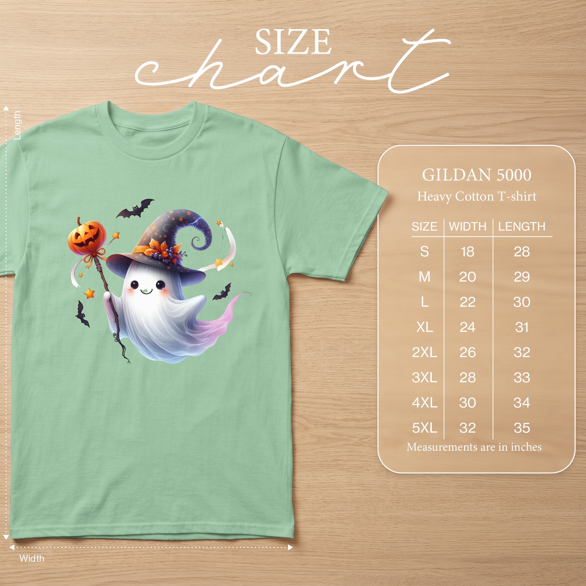 Gildan 5000 Heavy Cotton T-shirt size chart with measurements in inches.