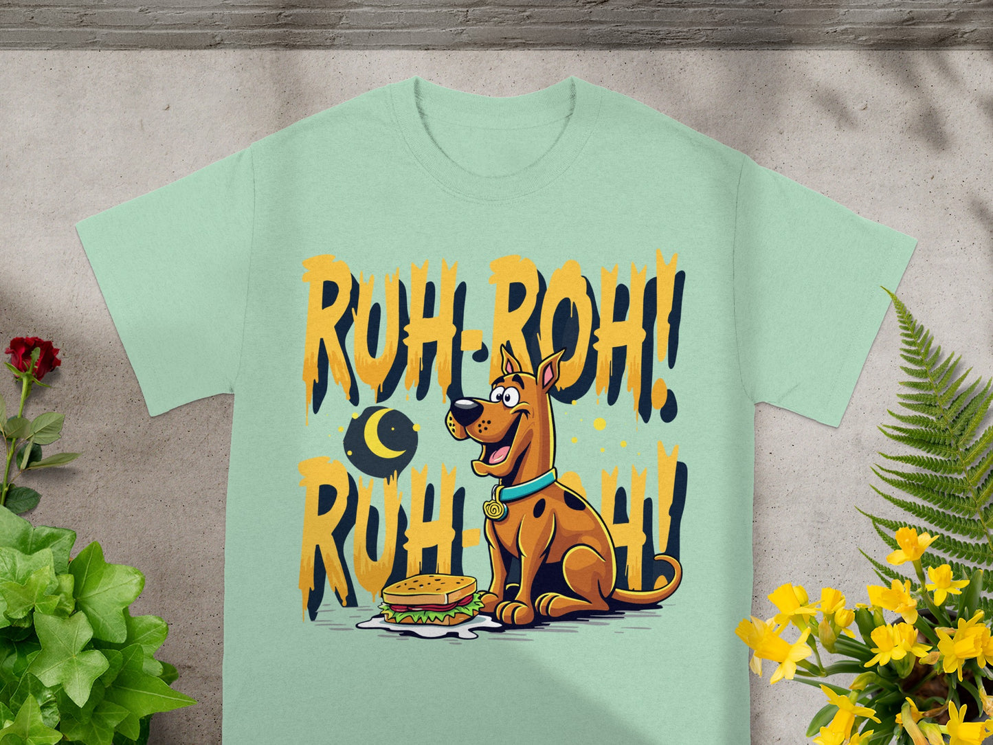 Scooby-Doo sits next to a sandwich with "RUH-ROH!" text above.