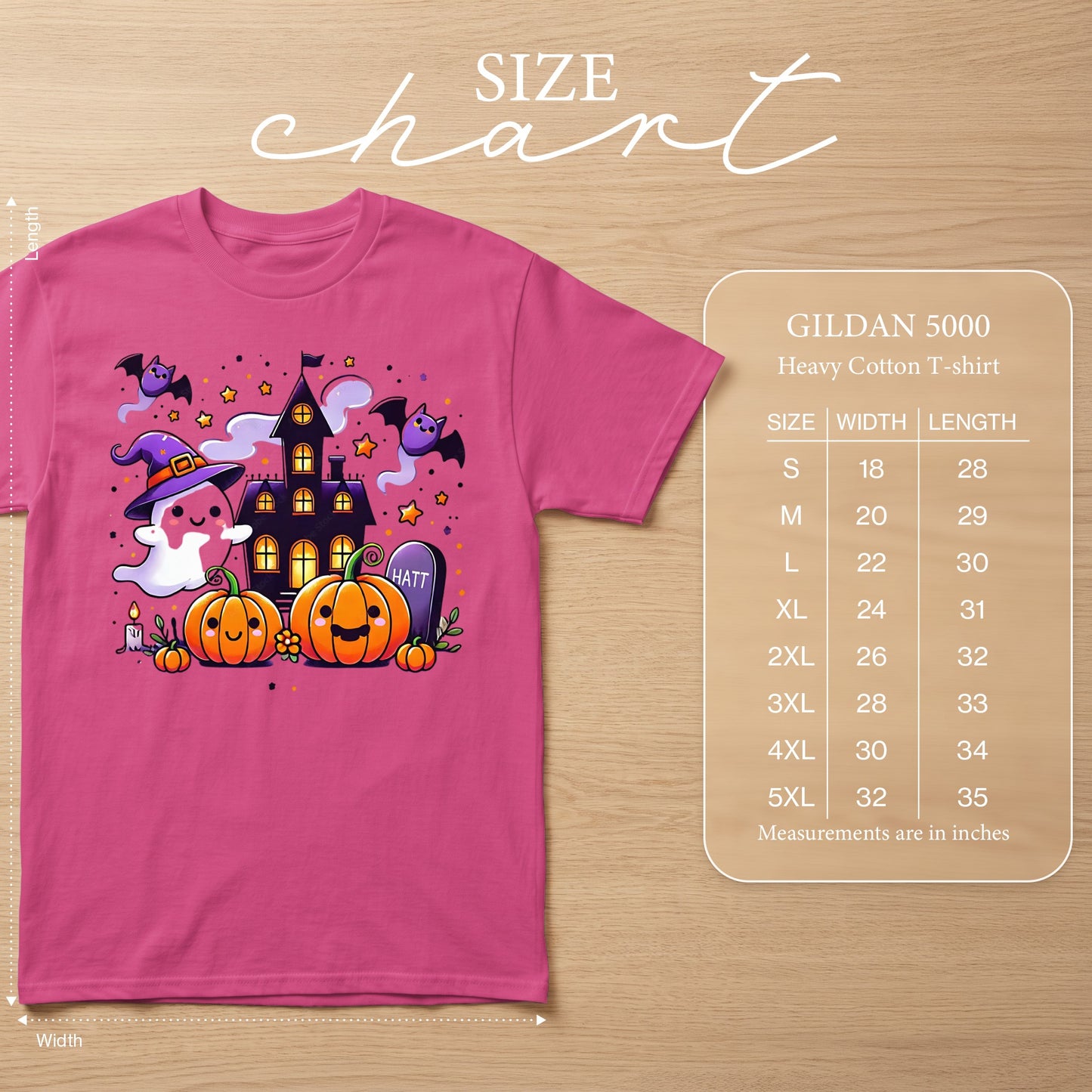 Pink t-shirt with cartoon Halloween graphic and Gildan 5000 size chart.