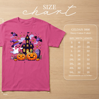 Pink t-shirt with cartoon Halloween graphic and Gildan 5000 size chart.