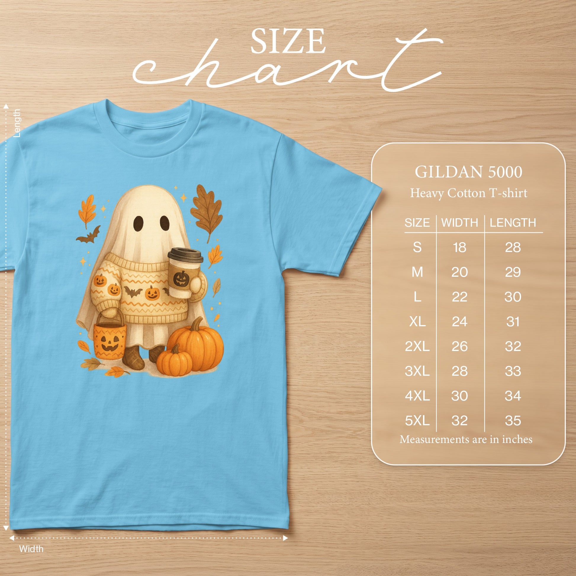 GILDAN 5000 Heavy Cotton T-shirt with ghost graphic and size chart.