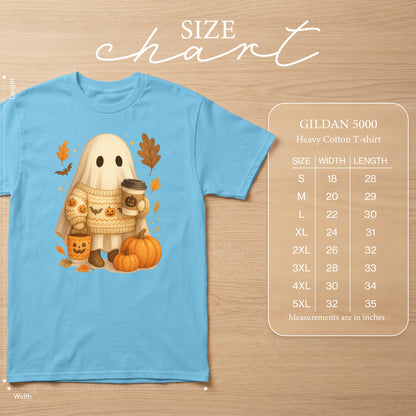 GILDAN 5000 Heavy Cotton T-shirt with ghost graphic and size chart.