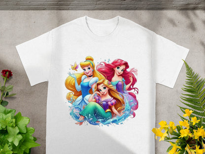White t-shirt with Ariel, Cinderella, and Rapunzel from Disney's The Little Mermaid.