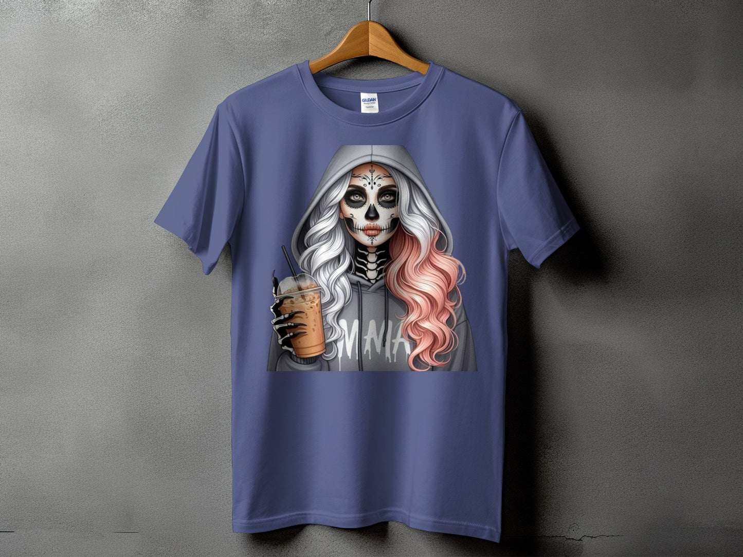 T-shirt graphic featuring a skeleton sugar skull woman with pink hair holding coffee.