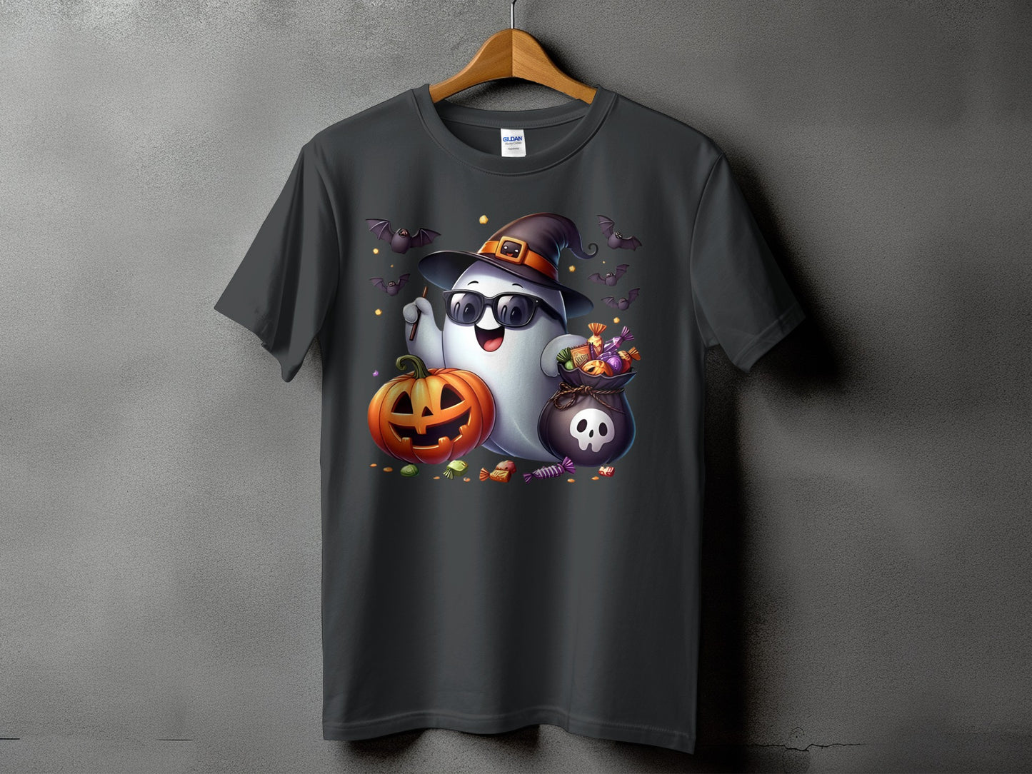 Dark gray t-shirt with Halloween ghost, pumpkin, candy bag, and bats graphic.