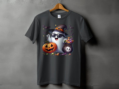 Dark gray t-shirt with Halloween ghost, pumpkin, candy bag, and bats graphic.