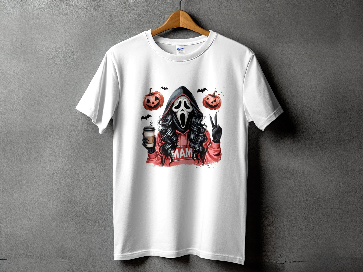 White t-shirt with a Ghostface graphic, pumpkins, bats, and the word "MAM".