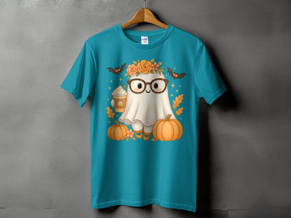 Cute ghost with glasses, pumpkin spice latte, bats, and pumpkins on a teal t-shirt.