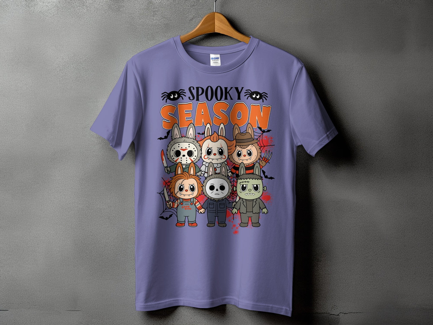 Purple t-shirt with "Spooky Season" and horror characters in chibi bunny style.