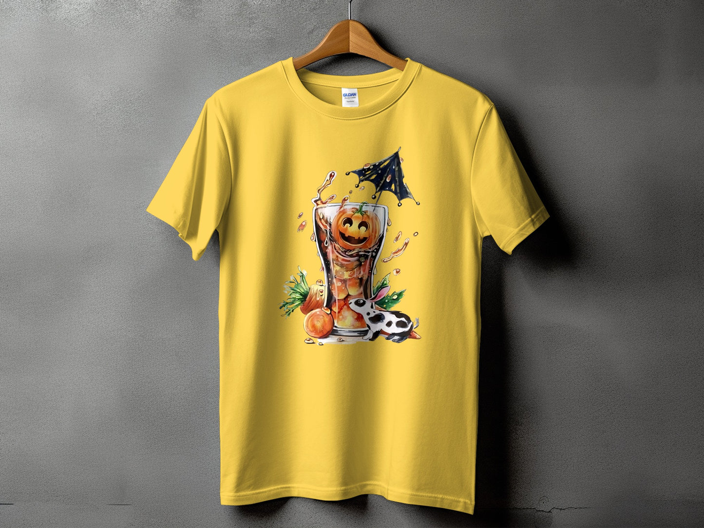 Yellow t-shirt with a Halloween-themed graphic of a pumpkin in a drink.