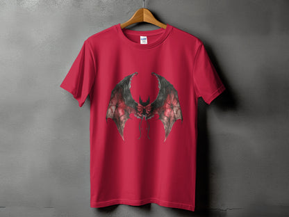 Red t-shirt with large, detailed bat wings graphic on the front.