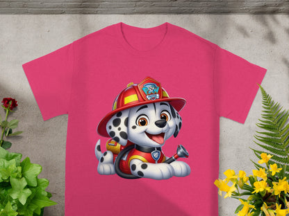 Marshall from Paw Patrol on a pink t-shirt.