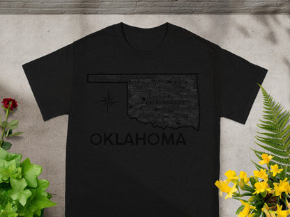 Oklahoma Map and Cities Design Black T-Shirt