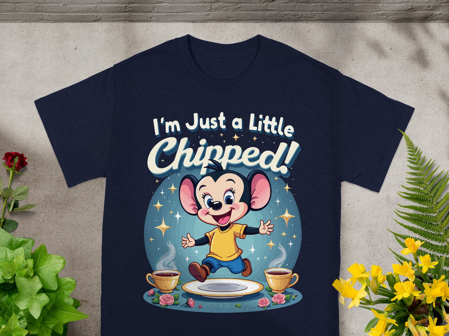 Cartoon mouse with text "I'm Just a Little Chipped!" next to two cups of coffee.