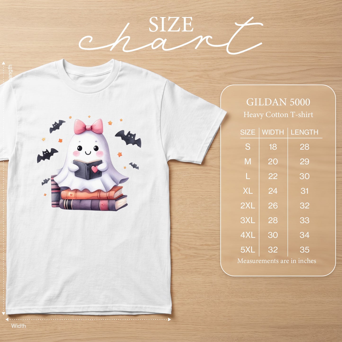White Gildan 5000 t-shirt with ghost reading books graphic and size chart.