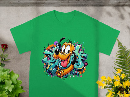 Green t-shirt with cartoon dog Pluto graphic and graffiti background.